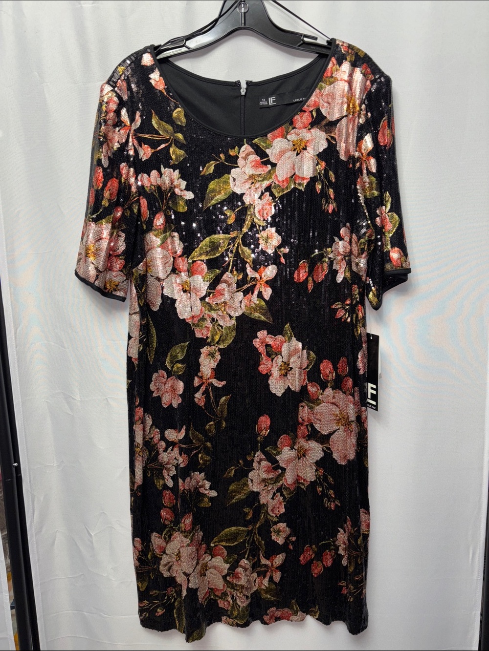 Leslie Fay Black Floral Sequin Midi Dress Size 14